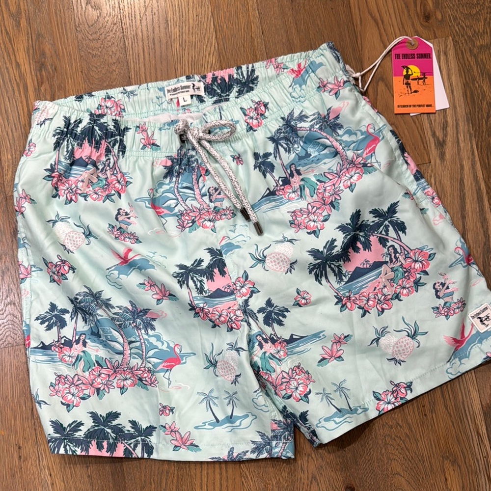 Pink and Blue Relaxed Fit Swim Trunks